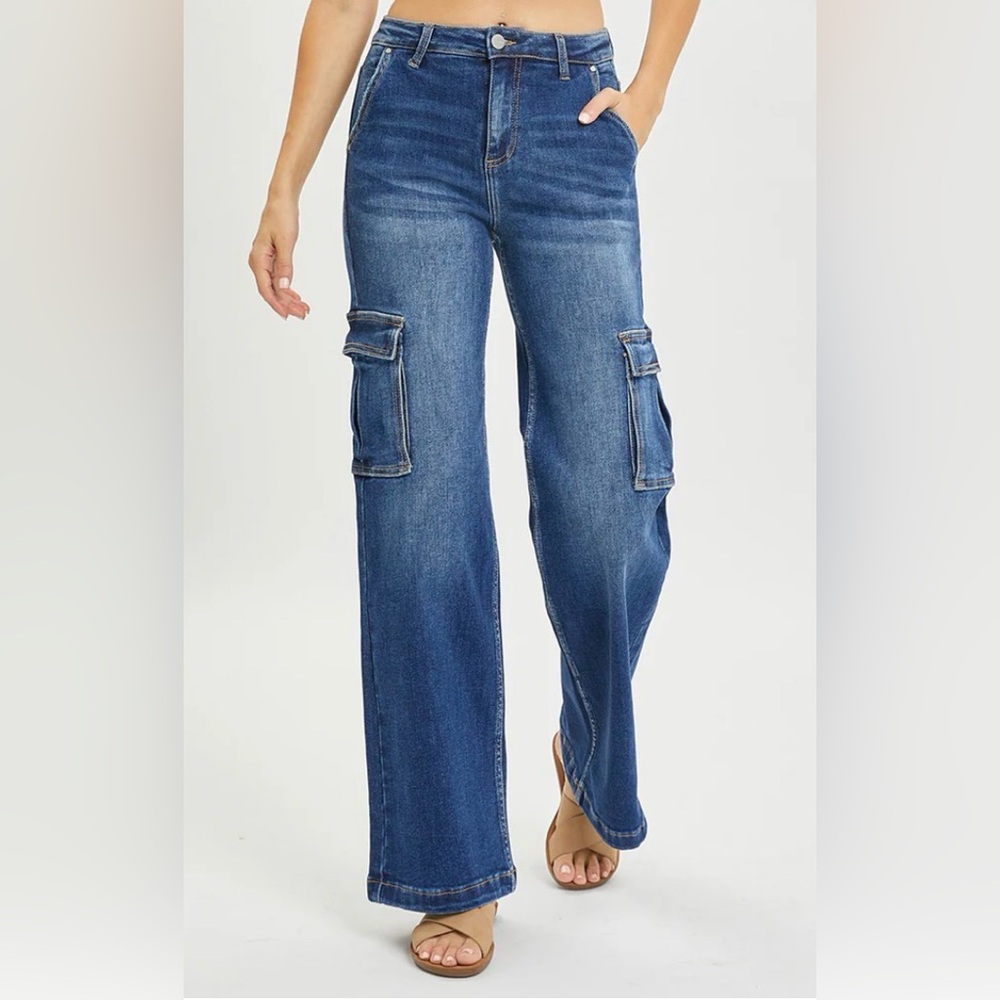 RISEN Wide Leg Cargo Jeans Womens Size 13 / 31 Large Blue Denim NWT Y2K Revival